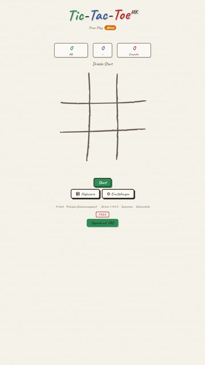 Tic-Tac-Toe Startbildschirm mit Spielmodus-Auswahl